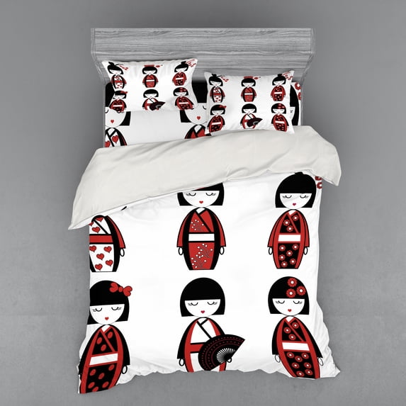 Ambesonne Ethnic Bedding Set 4 Pcs, Geisha Dolls Folkloric, Queen, Black Red