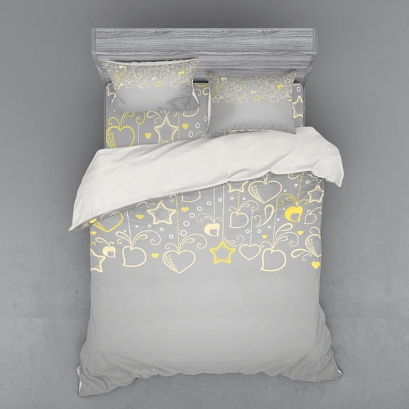 Ambesonne Ethnic Bedding Set 4 Pcs, Grey Swirl Hearts, Queen, Beige Yellow Pale Grey