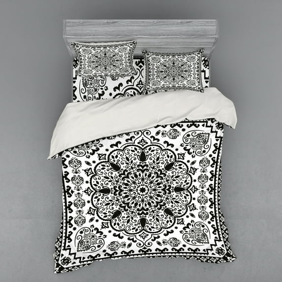 Ambesonne Ethnic Bedding Set 4 Pcs, Lace Paisley Black Art, Queen, Charcoal Grey White