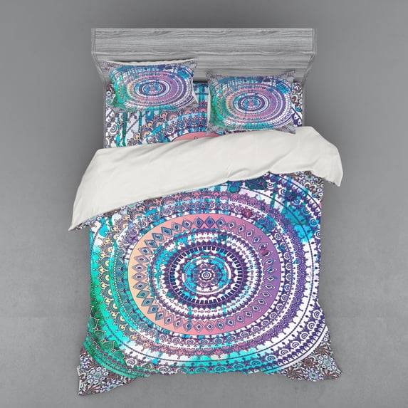Ambesonne Ethnic Bedding Set 4 Pcs, Mandala Eastern, Queen, Lilac and Blue