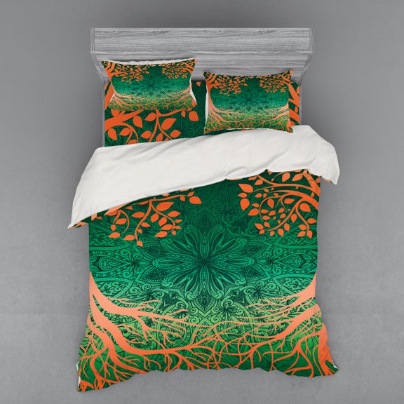 Ambesonne Ethnic Bedding Set 4 Pcs, Mandalas, Queen, Orange Green