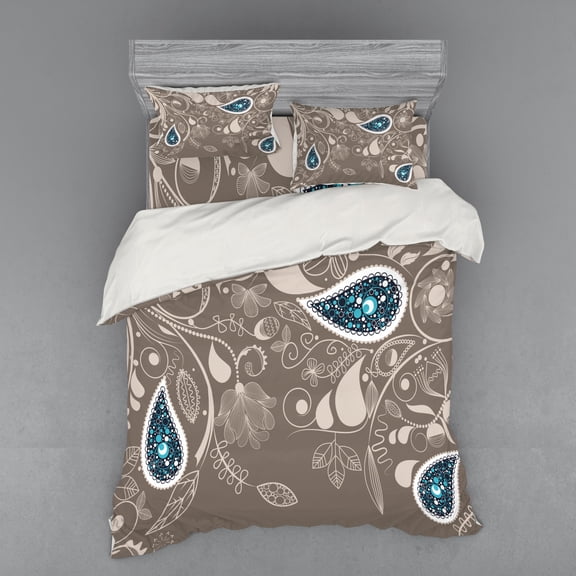 Ambesonne Ethnic Bedding Set 4 Pcs, Orienta Swirled Branch, Queen, Pale Brown Teal
