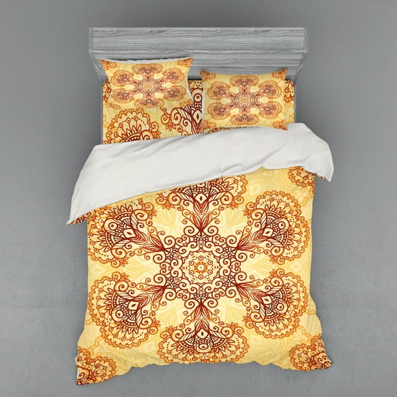 Ambesonne Ethnic Bedding Set 4 Pcs, Oriental Vintage Ornaments, Queen, Dark Orange Apricot