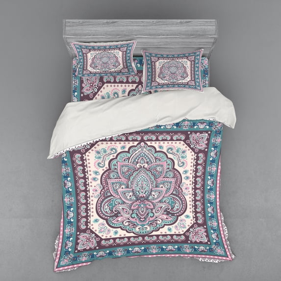 Ambesonne Ethnic Bedding Set 4 Pcs, Paisley Oriental, Queen, Pale Pink Purple