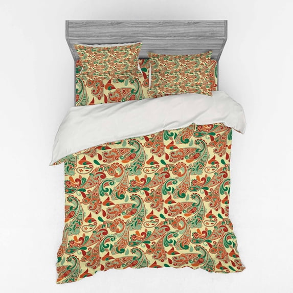 Ambesonne Ethnic Bedding Set 4 Pcs, Paisley Style Leaves, Queen, Hunter Green Ruby Orange