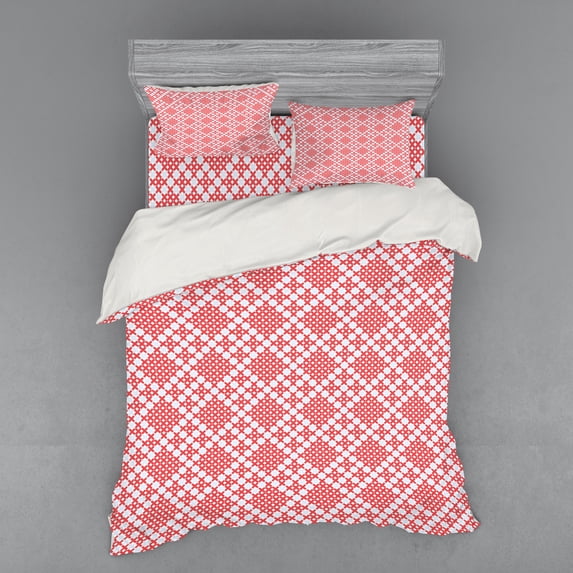 Ambesonne Ethnic Bedding Set 4 Pcs, Russian Slavic Stitch, Queen, White and Red