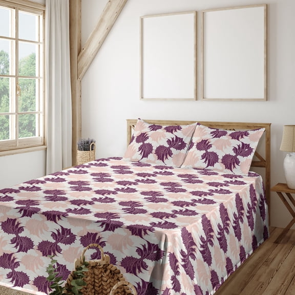 Ambesonne Ethnic Boho Fitted & Flat Sheet with Shams 4 Pcs Set, Modern Bohemian Floral, Queen, Pale Salmon Plum and Ivory