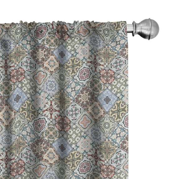 Ambesonne Ethnic Curtains, Floral Motifs in Squares, Pair of 28"x63", Pale Salmon and Slate Blue