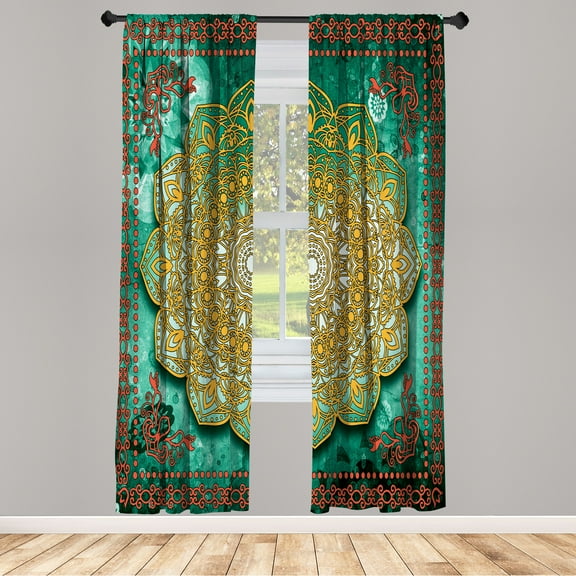 Ambesonne Ethnic Curtains, Mystic Mandala Artwork Boho, Pair of 28"x63", Sea Green