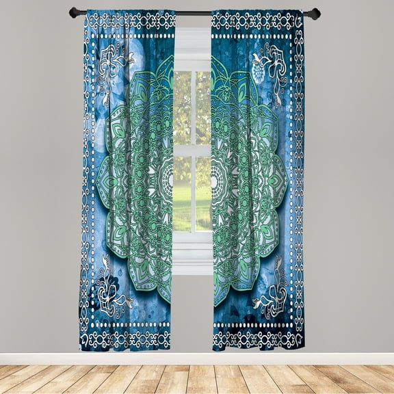 Ambesonne Ethnic Curtains, Mystic Mandala Artwork Boho, Pair of 28"x84", Dark Turquoise