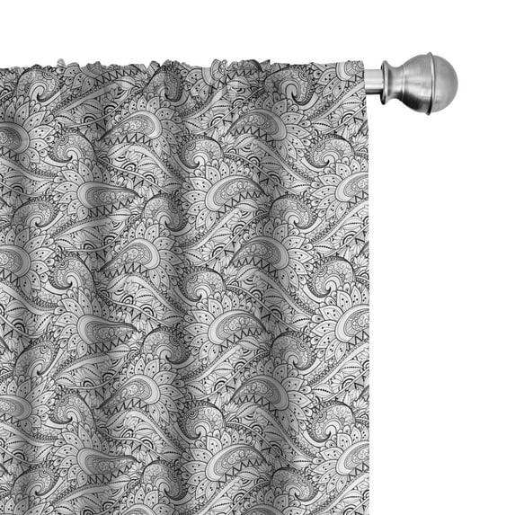 Ambesonne Ethnic Curtains, Paisley Sea Waves Floral, Pair of 28"x63", Black and White