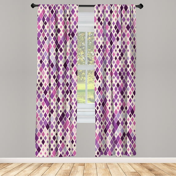 Ambesonne Ethnic Curtains, Pattern of Abstract Squares, Pair of 28"x84", Cream Purple