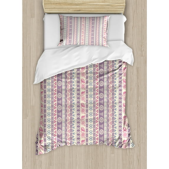 Ambesonne Ethnic Duvet Cover Set, Aztec Style Floral Leaves, Twin, Pale Pink Mauve