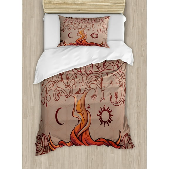 Ambesonne Ethnic Duvet Cover Set, Charming Vintage Tree, Twin, Orange Mauve Taupe