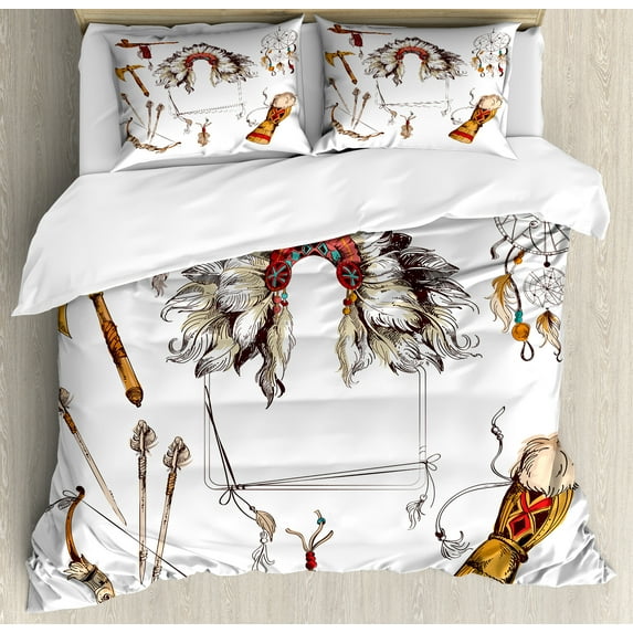 Ambesonne Ethnic Duvet Cover Set, Chef Old Feather, Queen, Marigold Beige