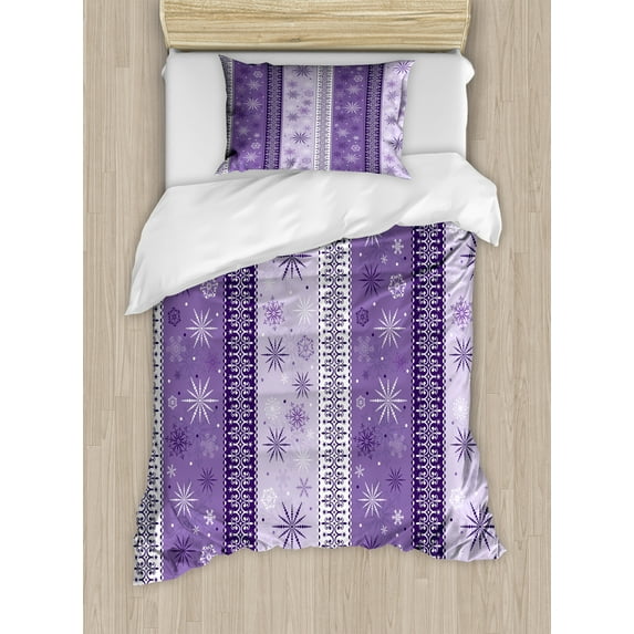 Ambesonne Ethnic Duvet Cover Set, Christmas Snowflake Noel, Twin, Lavender Violet White