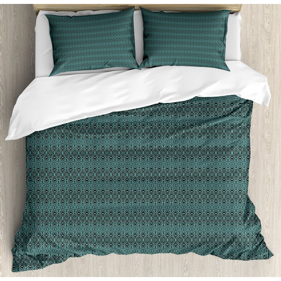 Ambesonne Ethnic Duvet Cover Set, Folk Bohemian Damask Motif, 2-Calking, Dark Turquoise and Dark Brown