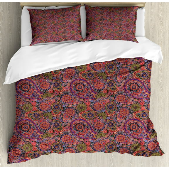 Ambesonne Ethnic Duvet Cover Set, Leaves Eastern, 2-Calking, Burgundy Green
