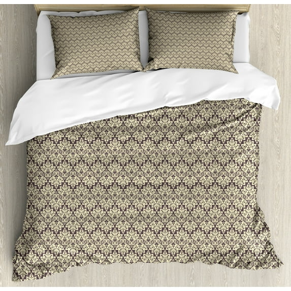 Ambesonne Ethnic Duvet Cover Set, Leaves and Paisley Motifs, Calking, Eggplant Pale Yellow