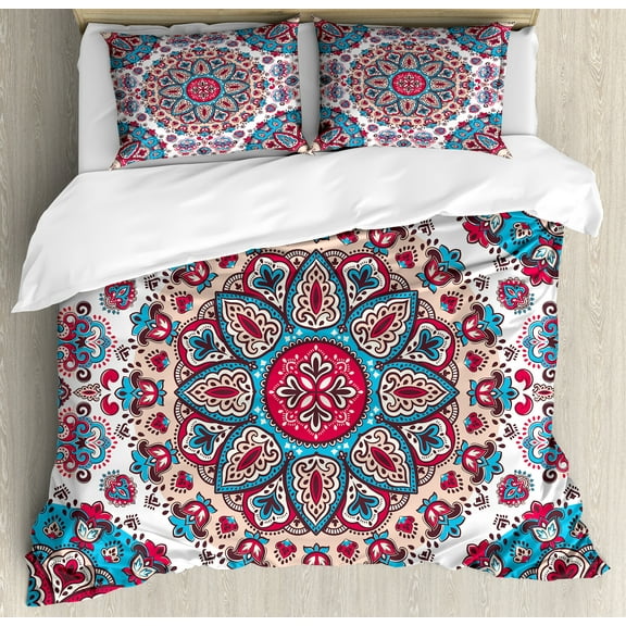 Ambesonne Ethnic Duvet Cover Set, Oriental Style Floral Retro, 2-Calking, Turquoise Pale Pink