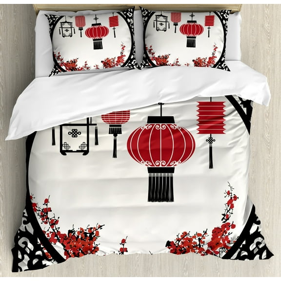 Ambesonne Ethnic Duvet Cover Set, Ornate Folkloric Graphic, Calking, Beige Black Red