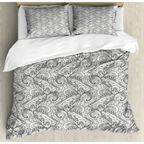 Ambesonne Ethnic Duvet Cover Set, Paisley Sea Waves Floral, 2-Calking, Black and White