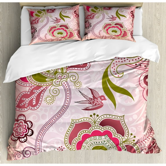 Ambesonne Ethnic Duvet Cover Set, Swirl Leaf Lines Bohem, Queen, Olive Green Dried Rose