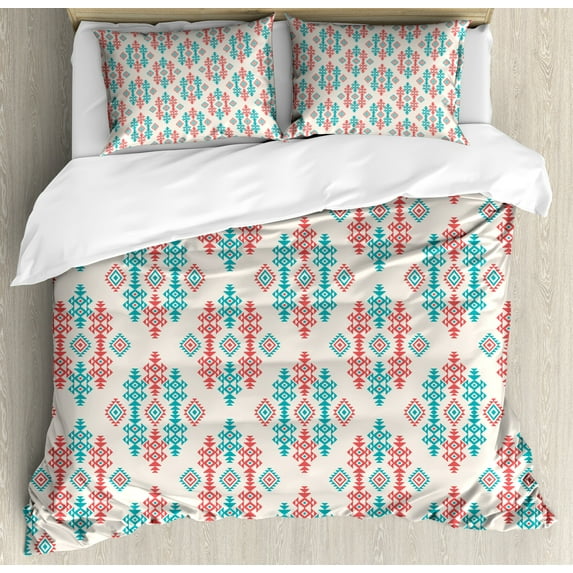Ambesonne Ethnic Duvet Cover Set, Traditional Local, 2-Calking, Coral Turquoise White