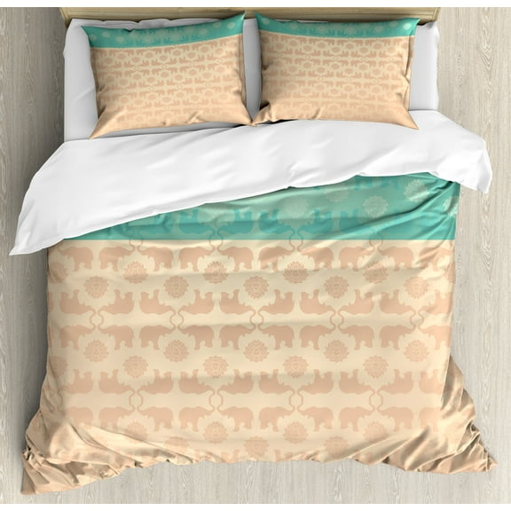 Ambesonne Ethnic Duvet Cover Set, and Lotus Motifs, Calking, Turquoise and Coral