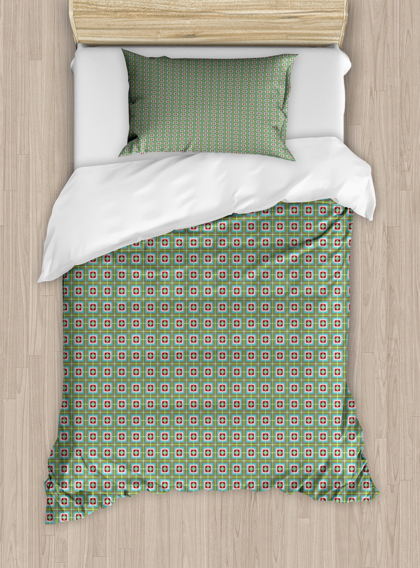 Twin Green and Multicolor Microfiber Duvet Cover Set