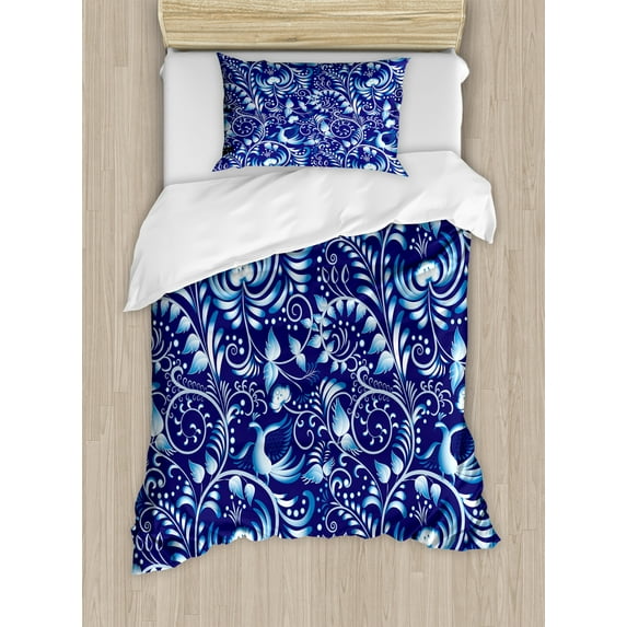 Ambesonne Ethnic Duvet Cover Sets, Folk Chinese Theme Swirl, 2-Twin, Royal and Sky Blue