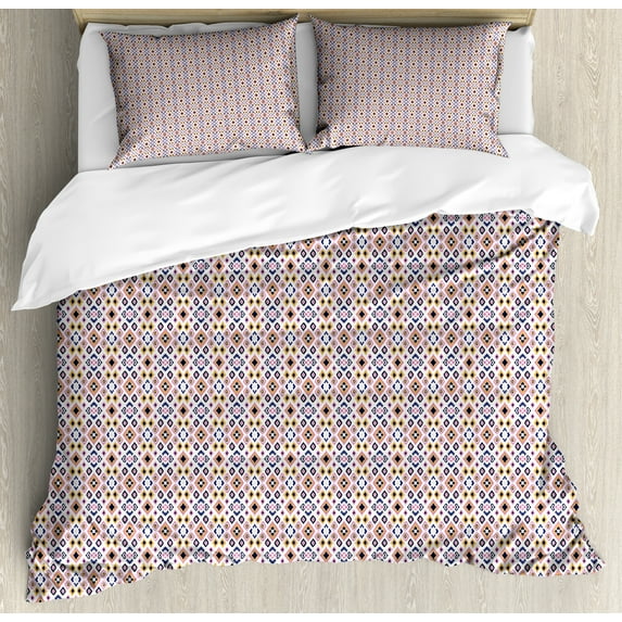 Ambesonne Ethnic Duvet Cover Sets, Folk Geometrical Forms Art, 2-Queen, White and Multicolor