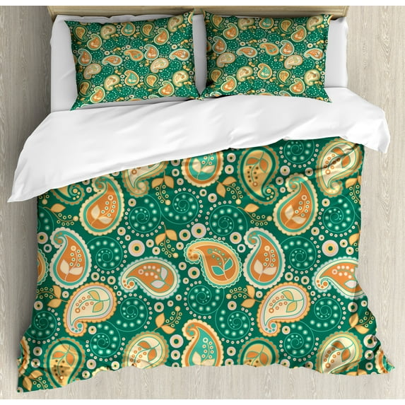 Ambesonne Ethnic Duvet Cover Sets, Folkloric Paisley Flowers, 2-King, Apricot Hunter Green