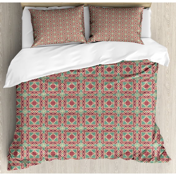 Ambesonne Ethnic Duvet Cover Sets, Framework Wide Petals, 2-Queen, Maroon Pink Almond Green