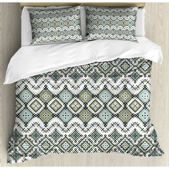 Ambesonne Ethnic Duvet Cover Sets, Geometric Art, 2-King, Sage Green Seafoam