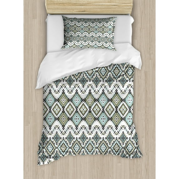 Ambesonne Ethnic Duvet Cover Sets, Geometric Art, 2-Twin, Sage Green Seafoam