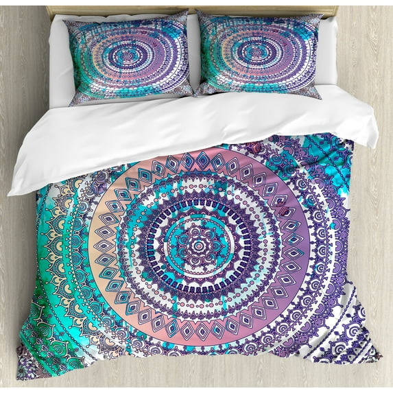 Ambesonne Ethnic Duvet Cover Sets, Mandala Eastern, 2-King, Lilac and Blue