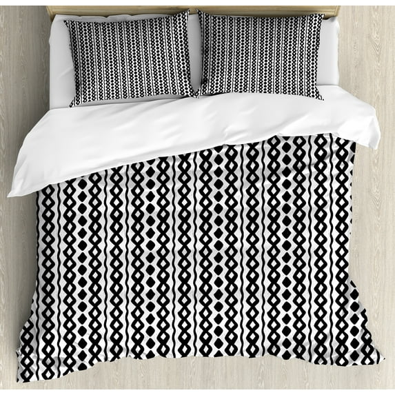 Ambesonne Ethnic Duvet Cover Sets, Monochrome Chain Forms Art, 2-King, Charcoal Grey and White