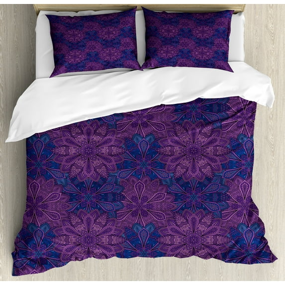Ambesonne Ethnic Duvet Cover Sets, Paisley Flower, 2-King, Dark Blue Purple