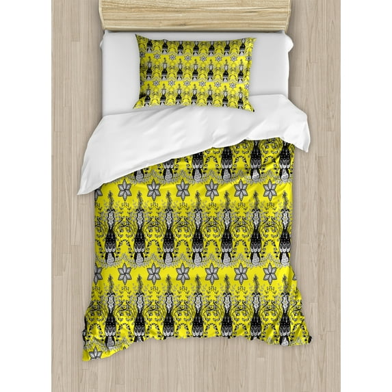 Ambesonne Ethnic Duvet Cover Sets, Paisley Ivy Swilrs Image, 2-Twin, Charcoal Grey White