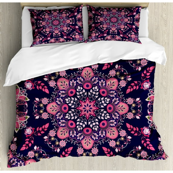Ambesonne Ethnic Duvet Cover Sets, Spring Blossoms, 2-Queen, Indigo Pink Pale Pink