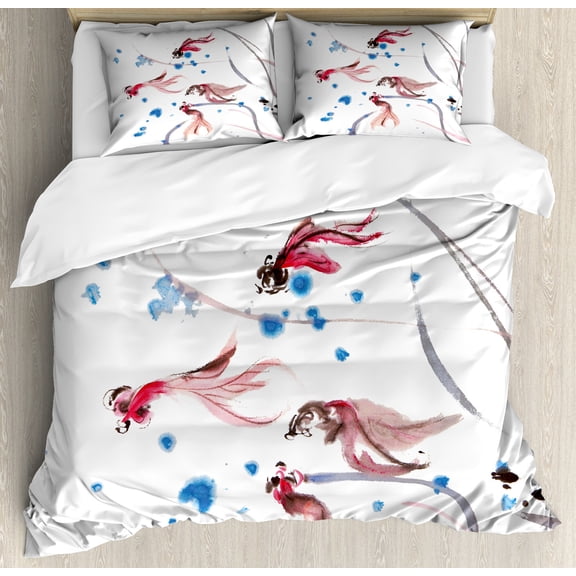 Ambesonne Ethnic Duvet Cover Sets, Traditional Ink Painting, 2-King, Red and Blue