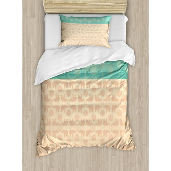 Ambesonne Ethnic Duvet Cover Sets, and Lotus Motifs, 2-Twin, Turquoise and Coral