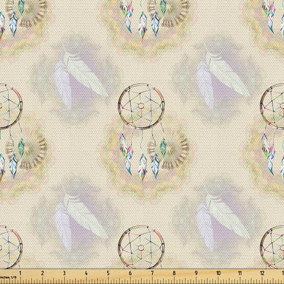 Ambesonne Ethnic Fabric by the Yard Upholstery, Feathers Dreamcatcher Art, 3 Yards, Grey Yellow and Pale Mauve