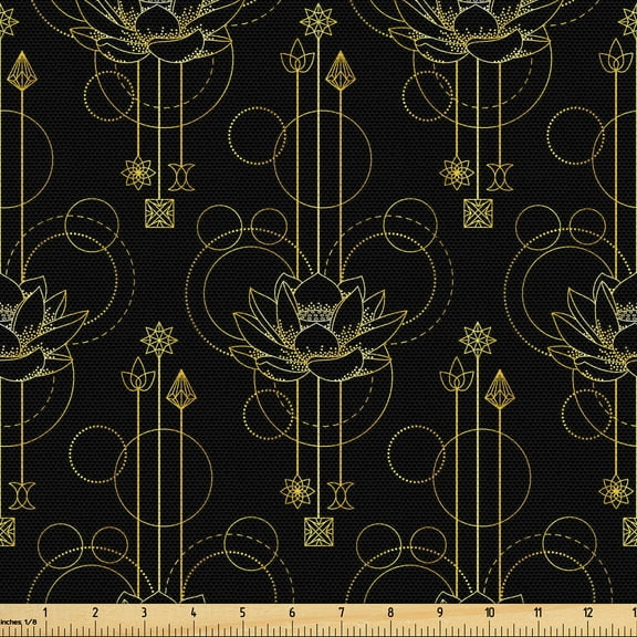 Ambesonne Ethnic Fabric by the Yard Upholstery, Geometric Gold Circle Line, 1 Yard, Charcoal Grey Dark Yellow