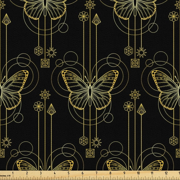 Ambesonne Ethnic Fabric by the Yard Upholstery, Gold Butterfly Square Plot, 10 Yards, Charcoal Grey and Dark Yellow