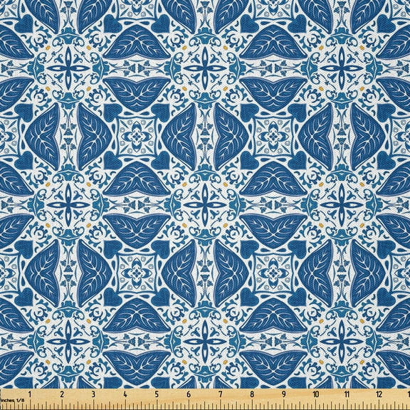 Ambesonne Ethnic Fabric by the Yard Microfiber, Azulejo Tiles Pattern, 1 Yard, Navy Blue Orange White