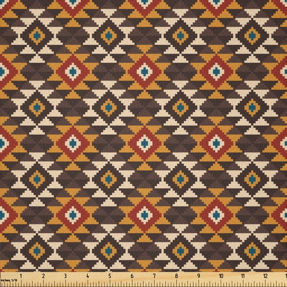 Ambesonne Ethnic Fabric by the Yard Microfiber, Bohemian Peruvian Geometric, 5 Yards, Taupe Ginger and Rust
