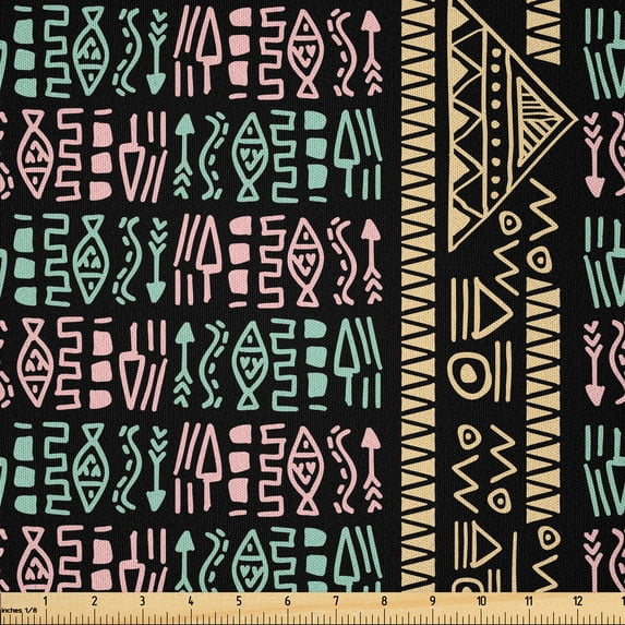 Ambesonne Ethnic Fabric by the Yard Microfiber, Fish Arrows Triangles Art, 5 Yards, Pastel Brown Almond Green
