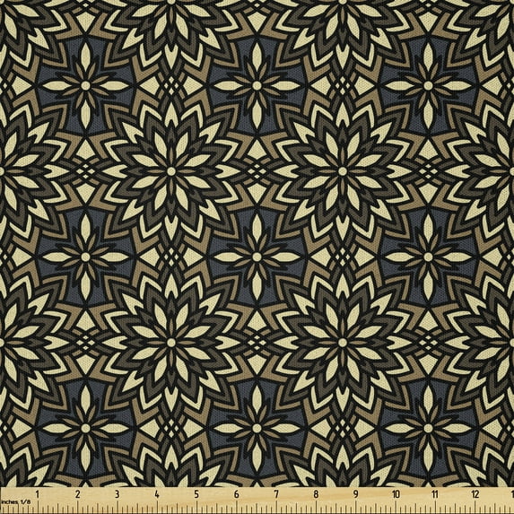 Ambesonne Ethnic Fabric by the Yard Microfiber, Floral Motifs Earthy Tones, 1 Yard, Dark Grey Cream Caramel